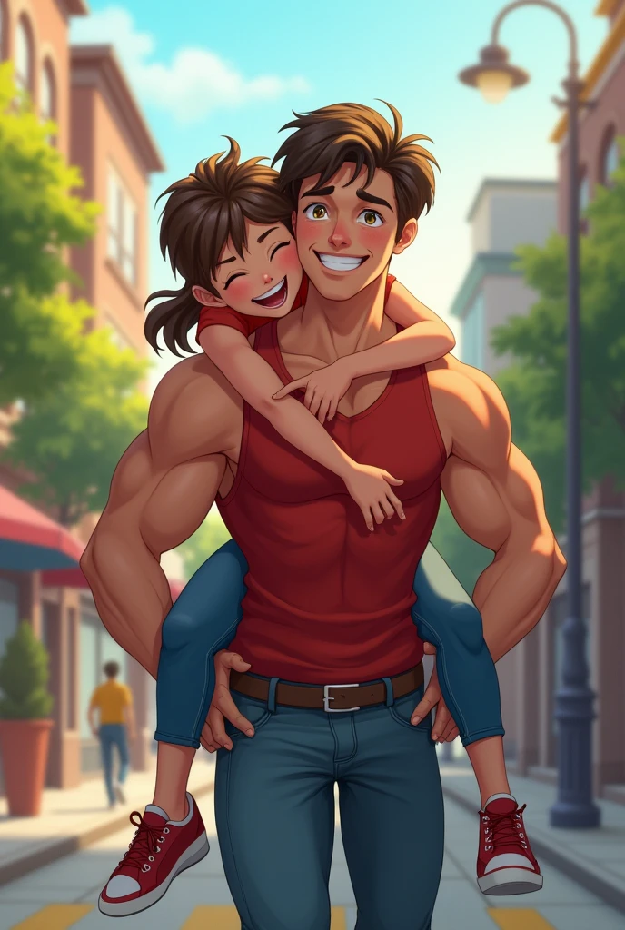 A strong girl give her boyfriend piggyback ride home