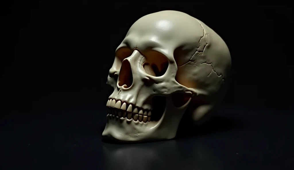 Human skull on a dark background, slightly tilted, dim lighting emphasizing the contours and shadows
