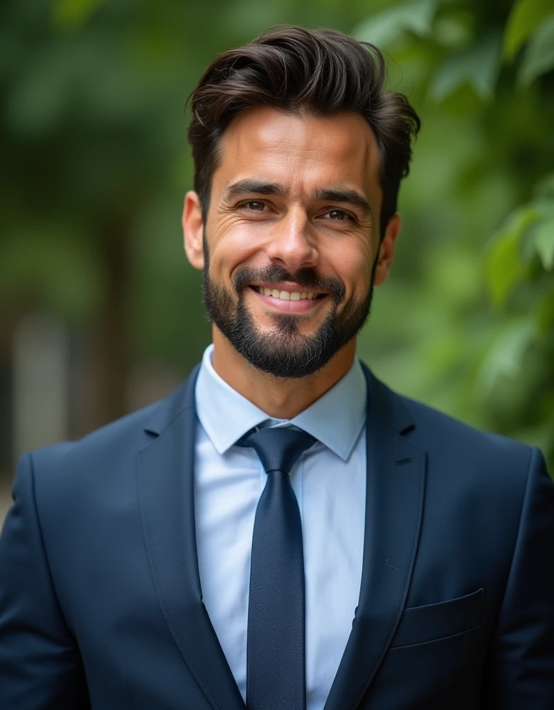 Brazilian businessman, beautiful hair, Suit, well-groomed beard, nice eyes, health up to date, greenery background, full image up to the abdomen, 4K FulHD image, he is not smiling.