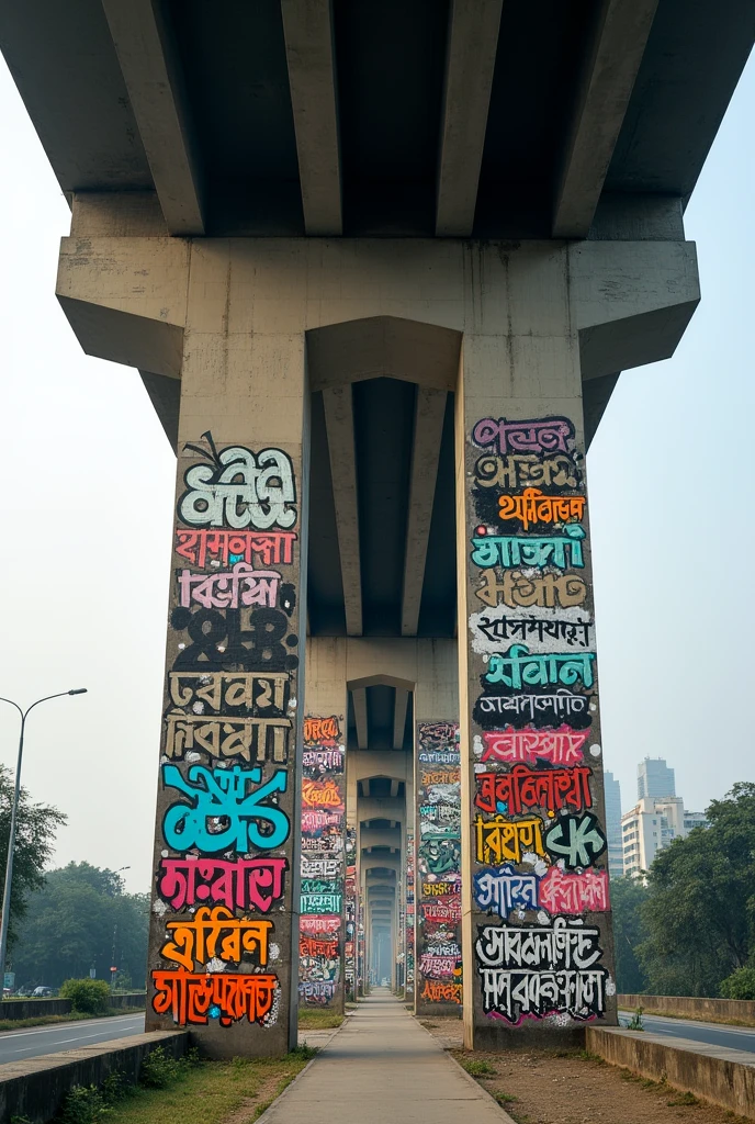 row of chattogram akhtaruzzaman flyover pillars with painted by Bangla, Arabic and English graffiti