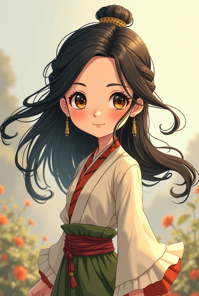 A filipino woman wearing ancient clothes facing front chibi and hair flowing
make it ghibli like
more like adrawing