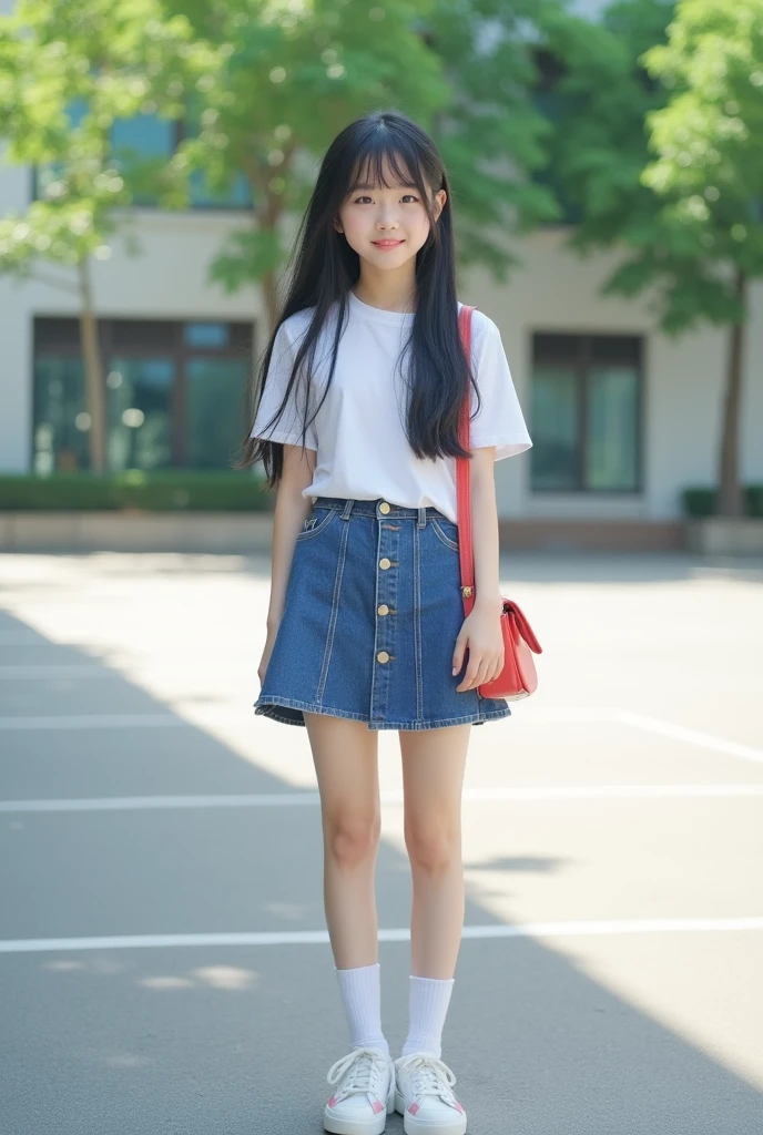Standing in an empty schoolyard、Summer clothes、Idol Style、Long black hair、mini skirt、Cute Face、Smiling、Full body portrait