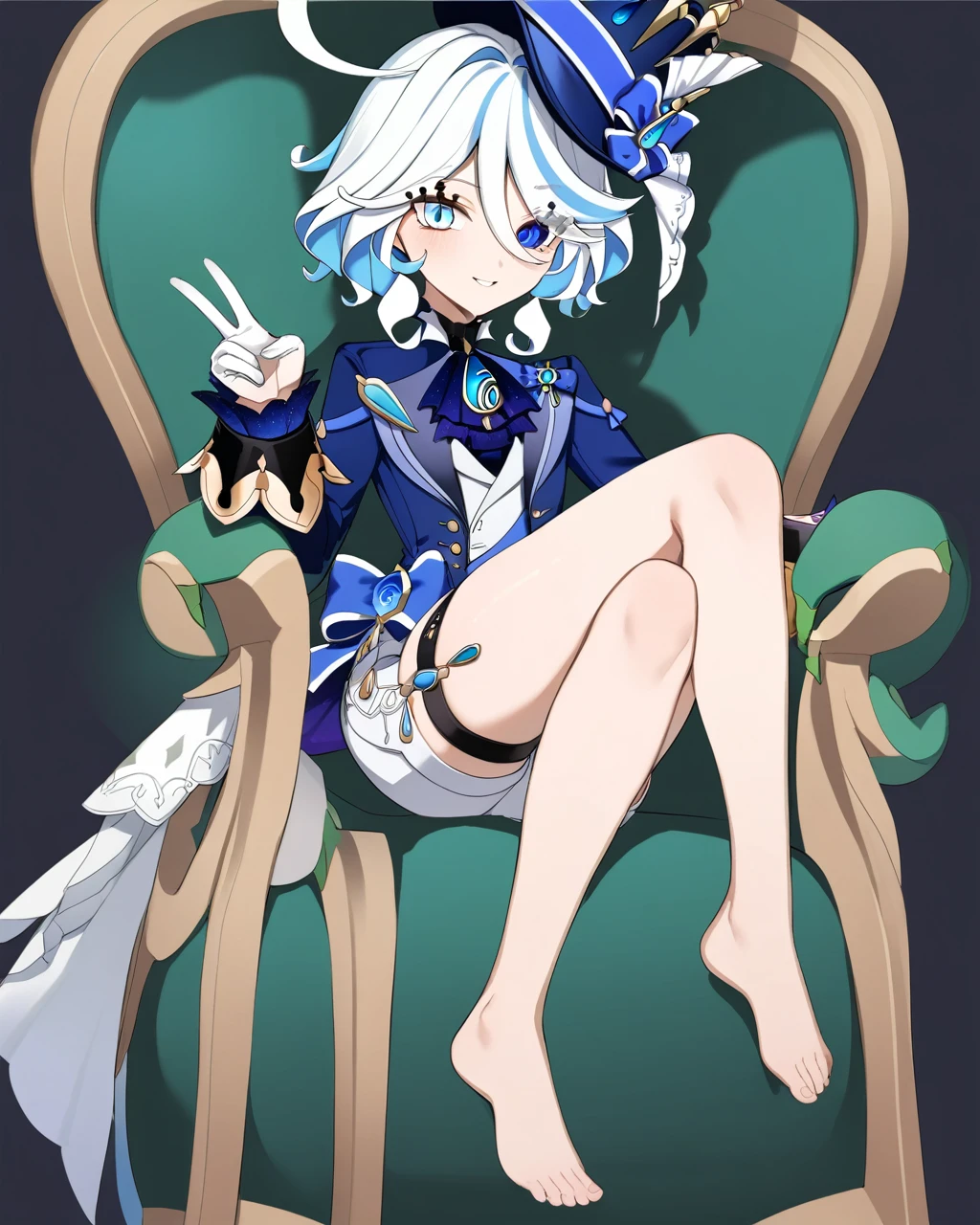 Furina \(genshin impact\), heterochromia,hat,bule hair,Blue eyes,ascot,brooch,t,blue bow,white shorts, thigh strap,Skin of color,Green Skin,Bare legs,Green Skin,Barefoot,Green Skin,whole body,Green Skin,Green Skin,Green Skin,Green Skin,Green Skin,Green Skin,Green Skin,sit on the chair,Cross your legs,Green mist