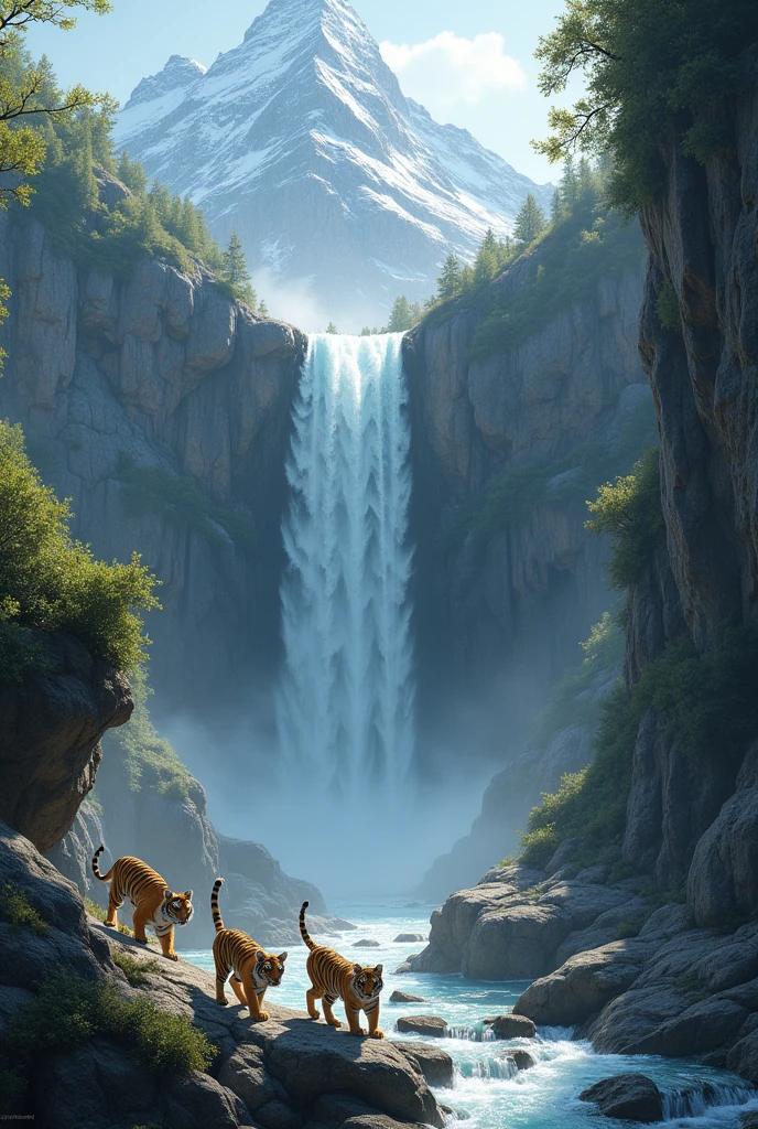 There is a big waterfall in the middle of a big mountain and in that mountain there are five caves in which little tiger cubs are playing.