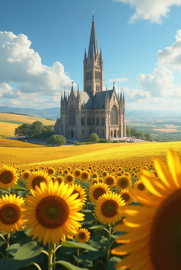 Catholic Church situated between sunflower fields