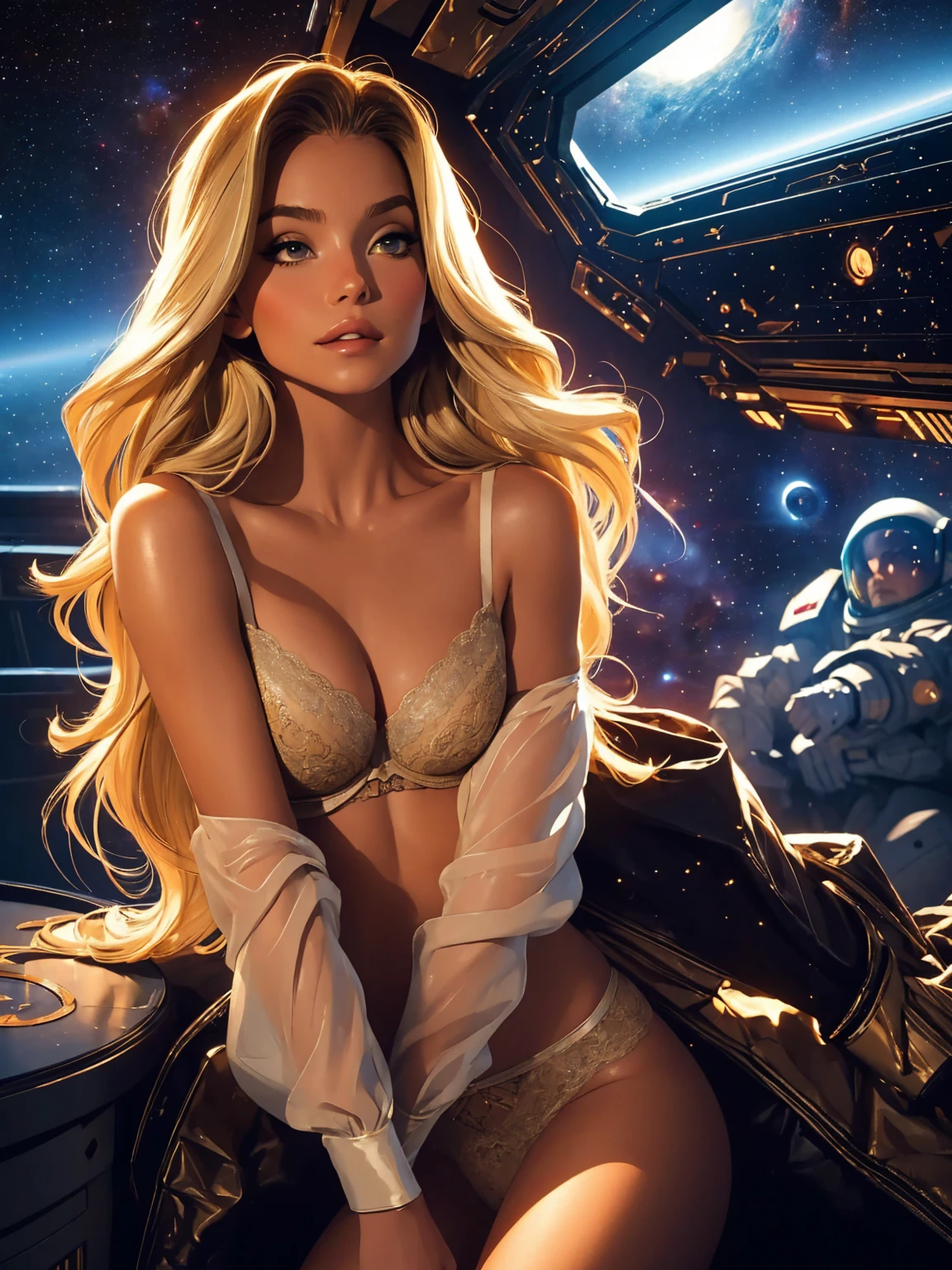 1girl,a beautiful fashion model ,(masterpiece, detailed background, best quality), shiny shoulder length hair, light blonde hair with blonde highlights dark roots, ,smirk,juicy lips, full lips, calmart, lingerie, stripping, elegant makeup, sci fi environment,(space cruise), (space cowboy)