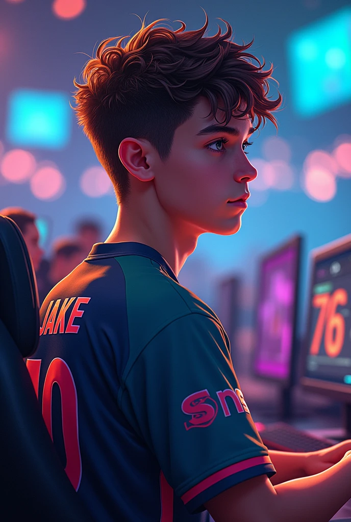 A young curly haired man gamer facing at the back wearing esports jersy, with a name "Sone Jake" at the back.