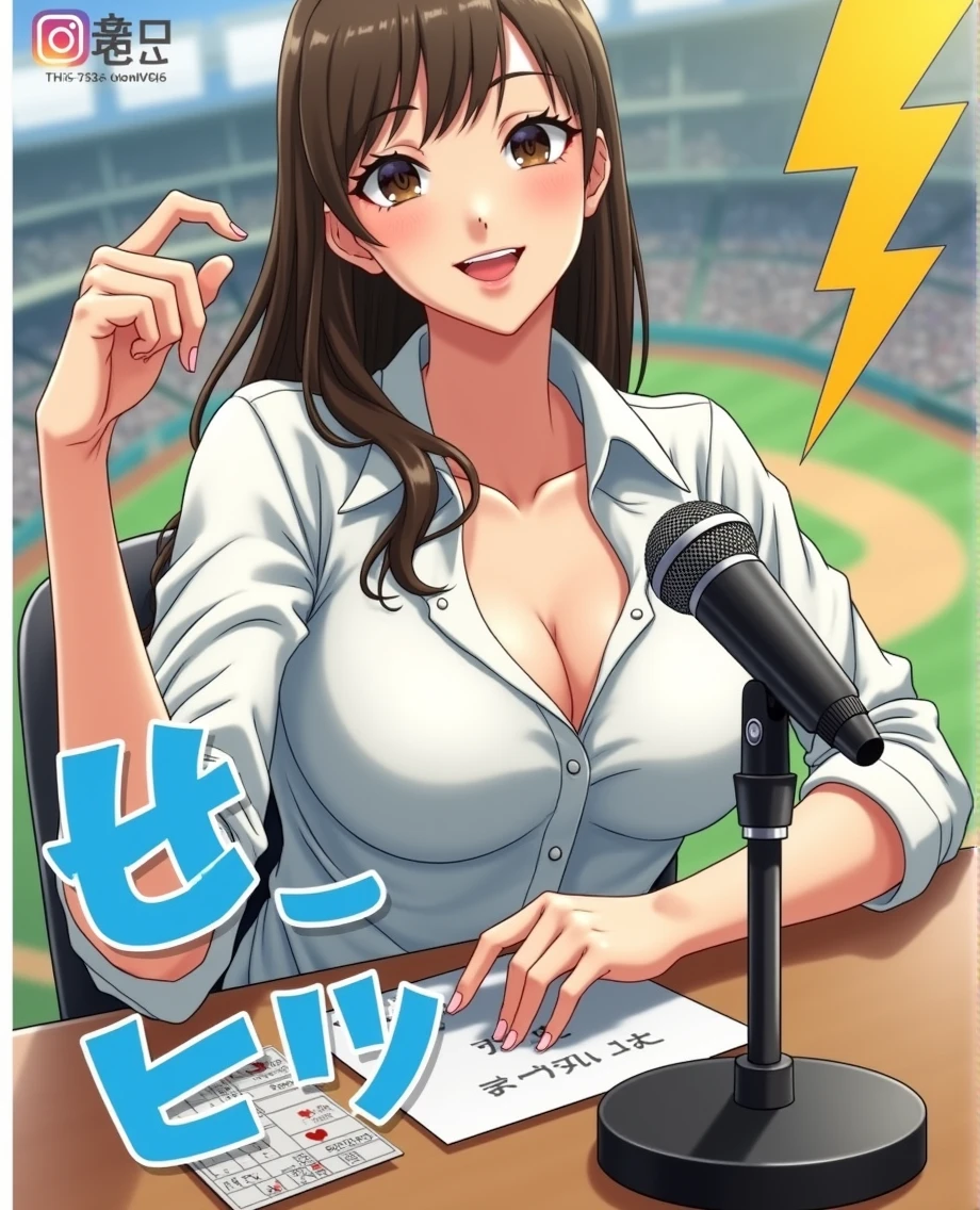 Woman sitting at a desk in front of a microphone, Instagram, Shinhanga, baseball stadium during a game, bright atmosphere, Tokyo Dome, covered!!, official media, Akira Toriyama, lightning!! (((photo, photorealism))), adult video poster layout, text on screen: "female announcer Shocking AV debut!!", big breasted female porn actor, dynamic pose, happy expression, pure beautiful smile, intelligent face, slender curves, large breasts, (((DVD mark, Blu-ray mark))).