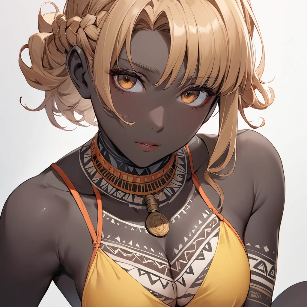 ((Highest quality)), ((masterpiece)), (detailed), (Perfect Face)、The woman has bright black skin、Strong curly hair、Black skinned black man with black skin、The amount of hair is small、Light brown hair、Very short curly hair、Braided hair with detailed and delicate weaving and slicked back、Tribal hairstyle、Hair volume is low、African black woman with tribal makeup、A beautiful tribal woman with tattoos all over her body