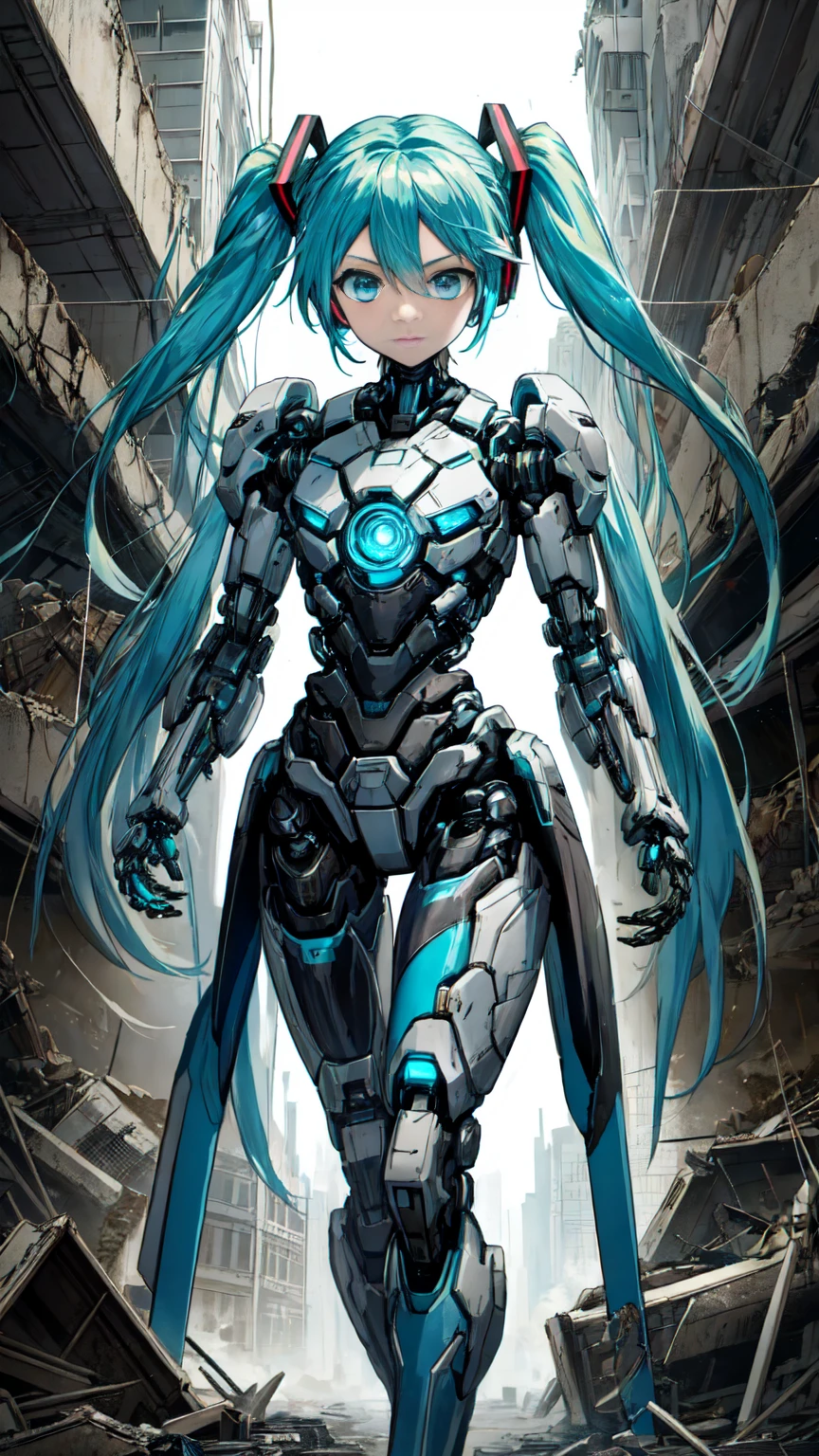 Hatsune Miku Vocaloid、Twin tails、Light blue hair、Bright Blue Eyes、Highly sophisticated cyborg, Arms folded in front of the destroyed city, Bionic body with futuristic details. (破壊された街の前で腕を組んだHighly sophisticated cyborg, Bionic body with futuristic details.)