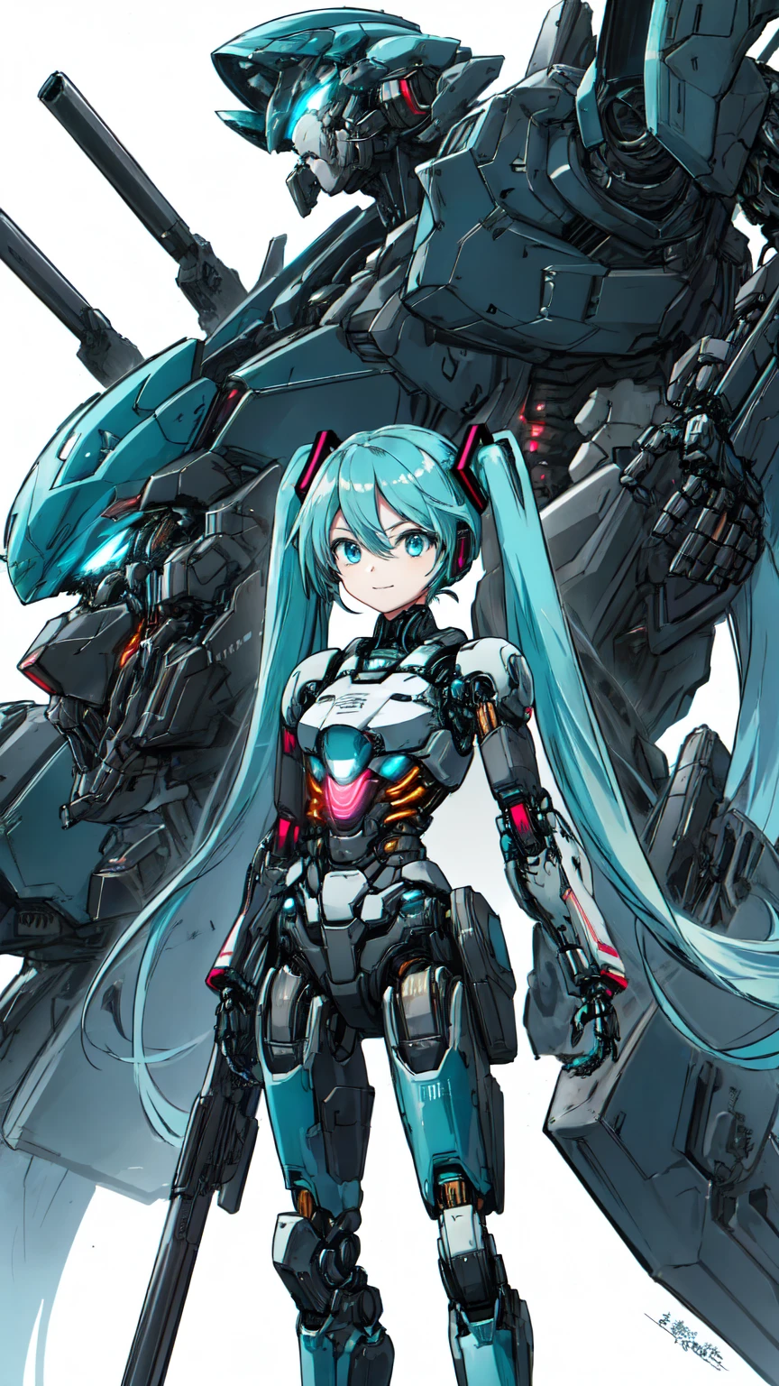 Hatsune Miku Vocaloid、Twin tails、Light blue hair、Bright Blue Eyes、Highly sophisticated cyborg, Arms folded in front of the destroyed city, Bionic body with futuristic details. (破壊された街の前で腕を組んだHighly sophisticated cyborg, Bionic body with futuristic details.)