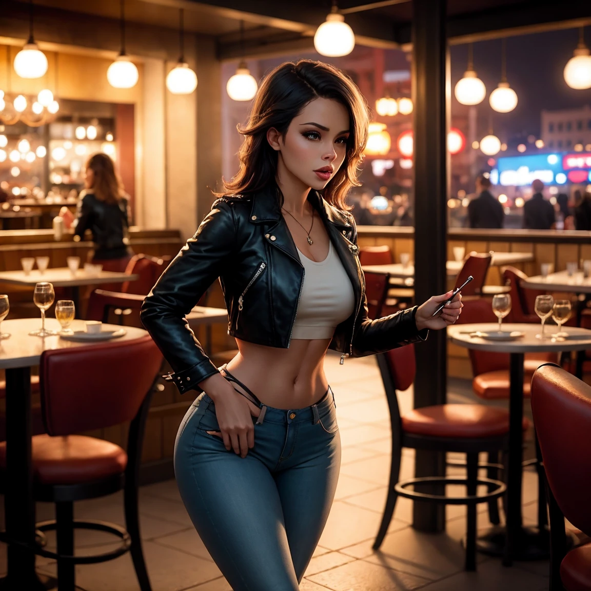 film photo ChristyMackQuiron woman, Mohawk hairstyle, mohawk hair, black hair, black fur, realist, a woman Shot putwearing a crop top and tight jeans eating pizza on a Restaurant terrace, short crop top, ahort black leather jacket, short black leather jacket, tight jeans, heels, heels , good tone, 35mm photography, Movie, bokeh, professional, 4k, Very detailed, Las Vegas, Restaurant, terrace with ivy decirarion, ivy roof, ivy with electic light, classy terrace, italian Restaurant, ivy decoration, ivy covered