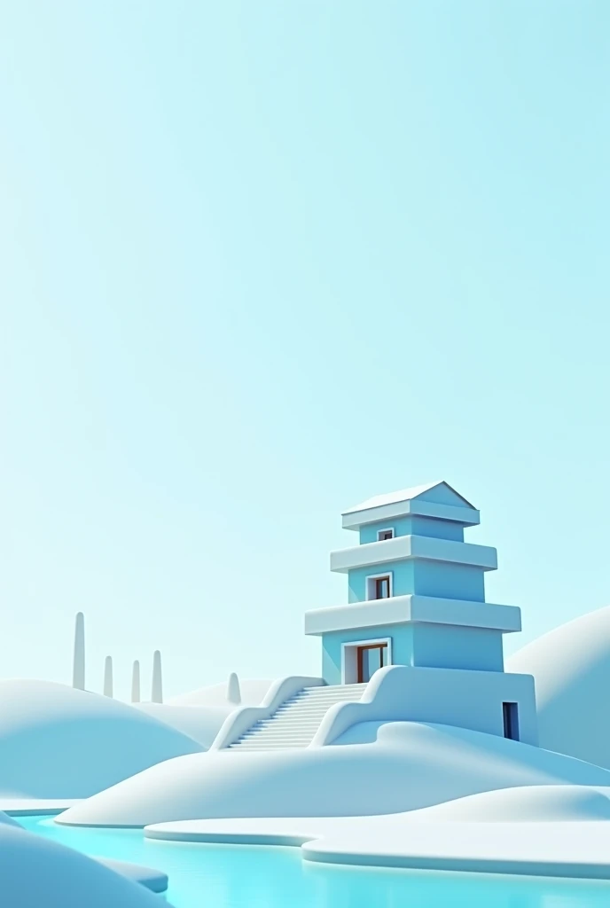A neutral blue and white background image with. A small modern 3-story building in the background with a blue and white facade 
