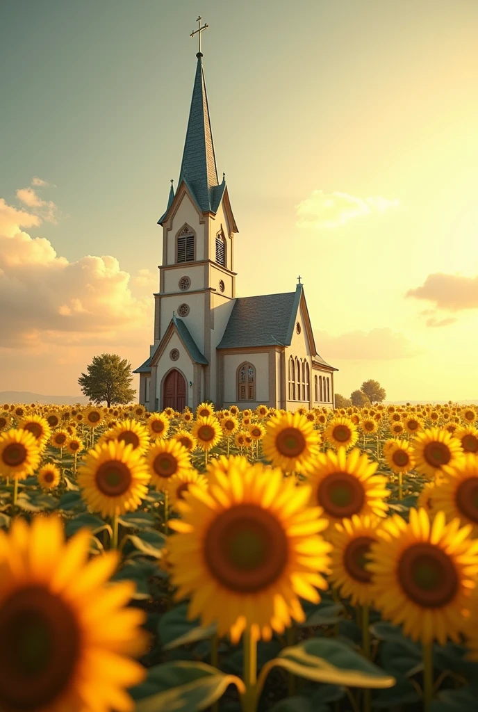 Church situated between sunflower field
