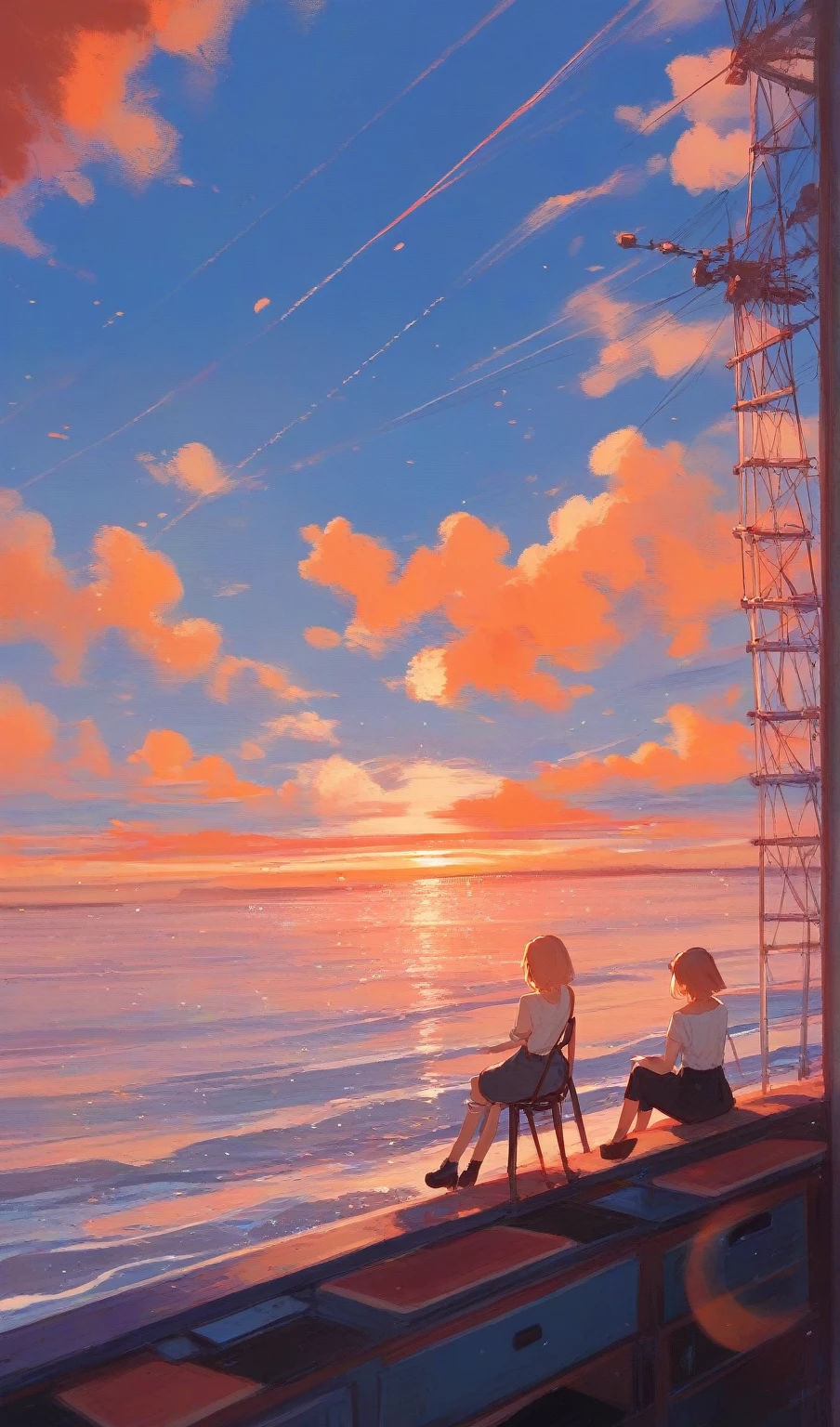Fraction_9,Fraction_8_up,Impressionism.Sunset.1 Girl's Back,wonderful,city View,Depth of Field,White curly long hair,Lolita