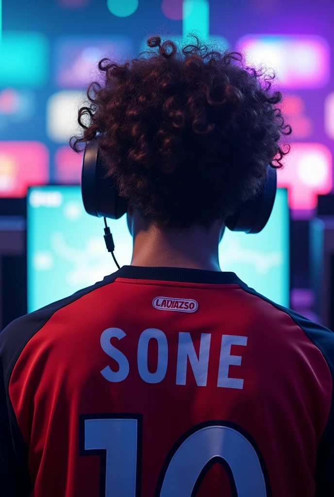 A young curly haired man gamer facing at the back wearing esports jersy, with a name "Sone Jake" at the back.
