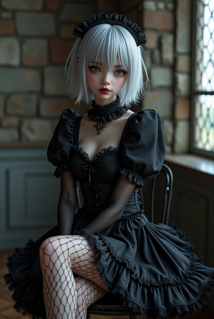 (8k, Photorealistic, Raw photo, Highest quality: 1.4),Japanese idol-style beautiful girl,model,1 person,18-year-old,(Short Bob),(Silver Hair :1.1),She has her hair tucked behind her ears,Headband,Clear grey eyes,Long eyelashes,(eye shadow(Black)),Eyeliner((Black)),(piercings(small)),(Pale, lifeless skin(Foundation)),(Lip gloss(Deep vermilion :1.1)),thin long neck,Large Breasts,(Lace gloves(Black)),(gothic lolita dress(Frills,Puffy long skirt :1.3)),(layer),(Fishnet tights),(lace up lolita shoes),Sitting in a chair,(Legs are V-shaped),(Background of a room with heavy Gothic-style stone stained glass),Full body portrait