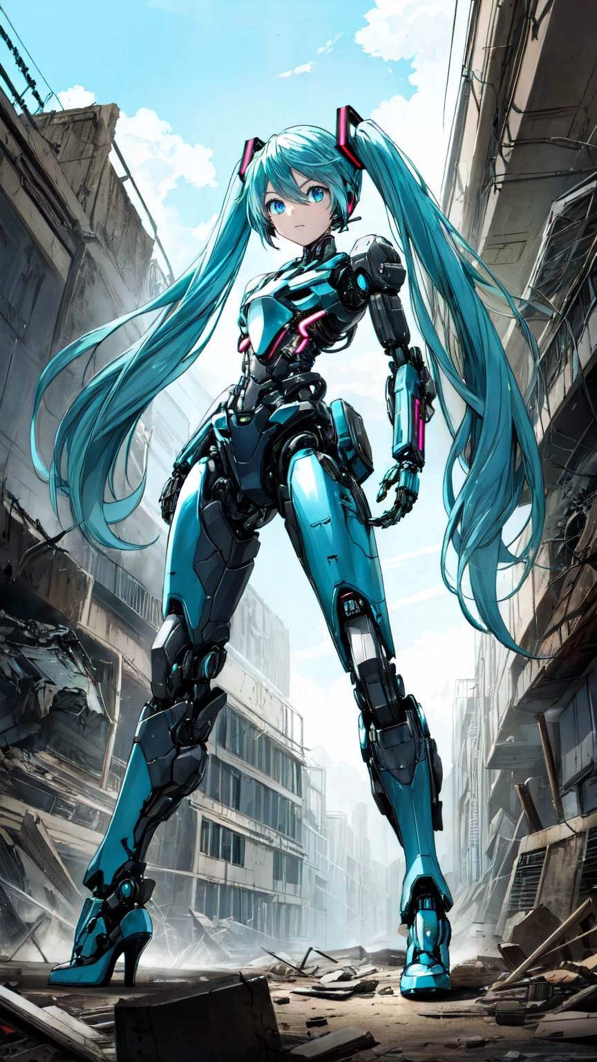 Hatsune Miku Vocaloid、Twin tails、Light blue hair、Bright Blue Eyes、High heels、Highly sophisticated cyborg, Arms folded in front of the destroyed city, Bionic body with futuristic details. (破壊された街の前で腕を組んだHighly sophisticated cyborg, Bionic body with futuristic details.)