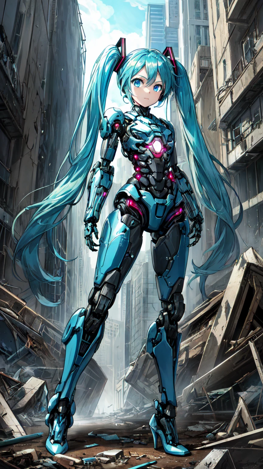 Hatsune Miku Vocaloid、Twin tails、Light blue hair、Bright Blue Eyes、High heels、Highly sophisticated cyborg, Arms folded in front of the destroyed city, Bionic body with futuristic details. (破壊された街の前で腕を組んだHighly sophisticated cyborg, Bionic body with futuristic details.)