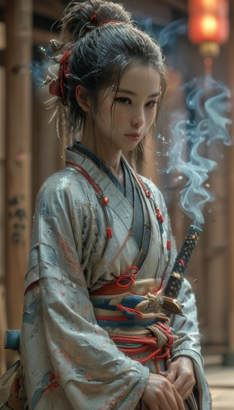 Rear dragon behind, Real dragon Woman sitting on tatami mat smoking xylitol, Japanese fantasy, entwined real dragon, giant real dragon behind, traditional Japanese house, woman in kimono, portrait shot, has mysterious powers, 3D rendered character art 8K, dim, dark, global illumination
