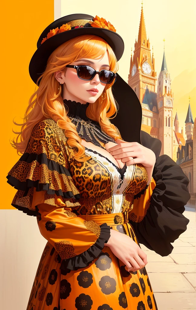 Close-up of a 40-year-old woman wearing a leopard print shirt and hat, Comme des Garcons Campaign, andy milonakis, frank kozik, andy milonakis as a goat, Chris Chan, flashy, Official artwork, Dave Carvis, Craig Marism, Toyism, yoh yoshinori, by Winona Nelson, Michel Othello、Beautiful woman in a dress made of flowers, posing elegantly with a hat and large black sunglasses in a full body shot, surrounded by a cityscape in autumn colors. The digital art style features a vibrant orange and brown color palette with detailed illustration. The fantasy background includes fantasy architecture, buildings and a fantasy town in the distance depicted in the style of cute and elegant. dynamic angle