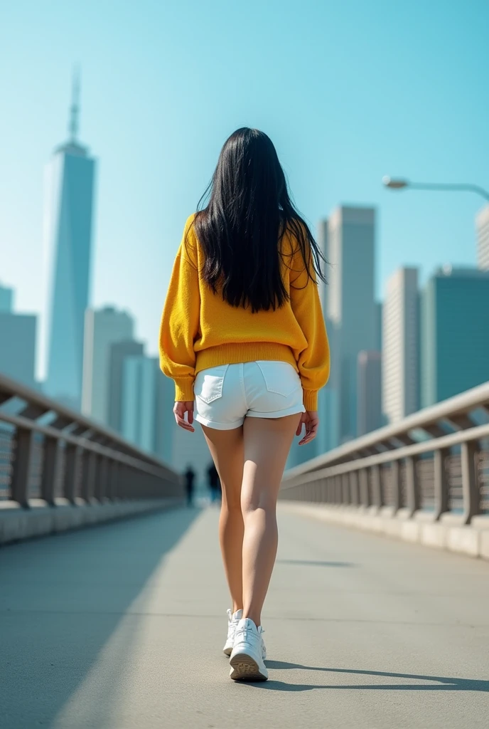 profesional potrait, there is an curve Asian woman with long black hair, wearing a yellow sweater, white shorts and white New Balance shoes, walking bridge with her back to the camera, looking out over a cityscape under a bright blue sky.