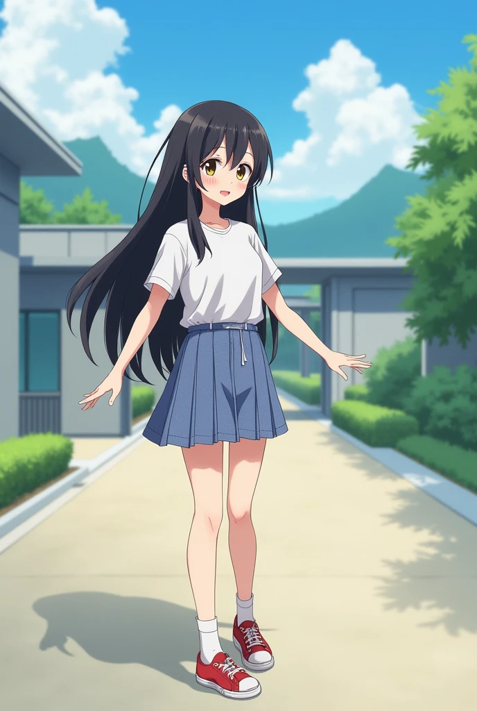 Standing in an empty schoolyard、Summer clothes、Anime Style、Long black hair、mini skirt、Cute Face、Smiling、Full body portrait