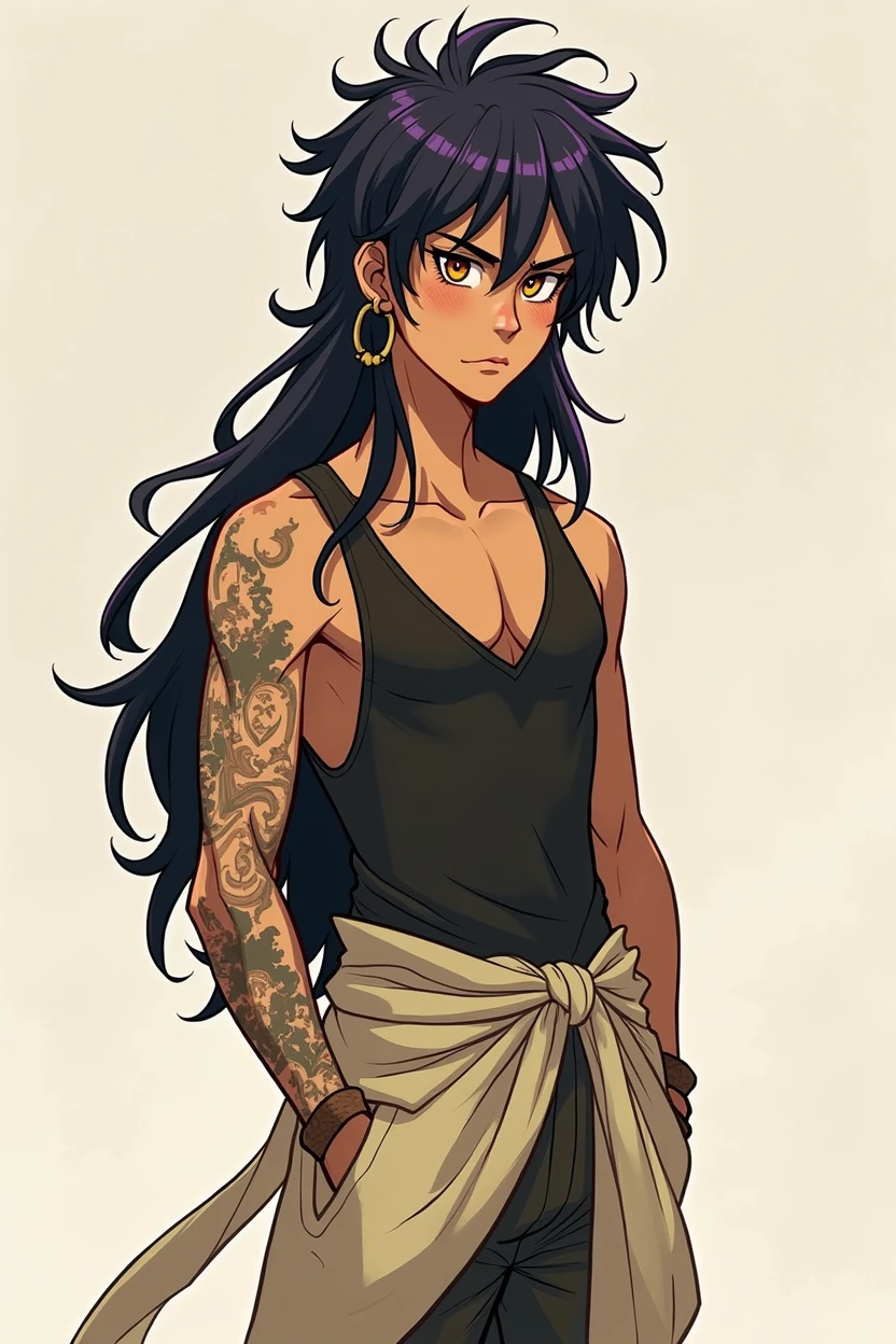 Mochi Nánfēng is a striking figure with an air of rugged independence about him. Standing at 5'10 feet tall with a lithe, lean, athletic build, he carries himself with a confident swagger that exudes strength and resilience. His skin bears a rich, bronzed tone reminiscent of the warm hues of the setting sun.

His hair is a luscious combination of his heritage: a mix of deep indigo and vibrant deep purple that cascades down his back in untamed waves, often sticking up in every direction. It reflects both his rebellious spirit and his elegance. Despite its wild appearance, his hair frames his face in a way that highlights his determined gaze.

Mochi's glowing eyes, a pair of mesmerizing orbs, rested comfortably in their sockets. His eyes were a perfect blend of his heritage, a pale, enchanting shade of pale elegant gold, almond-shaped, and fringed with thick, sooty lashes that seemed to draw attention to their captivating beauty.

His attire is a unique fusion of combat-ready practicality and subtle elegance. He wears a form-fitting black, backless sleeveless undershirt that accentuates his lithe and athletic physique. To complete the look, he sports a large beige sash cinched around his waist, symbolizing his connection to his mother's heritage. His attire also includes black stretch pants that offer flexibility and ease of movement, and lightweight brown shoes he wears allow for stealth and agility.