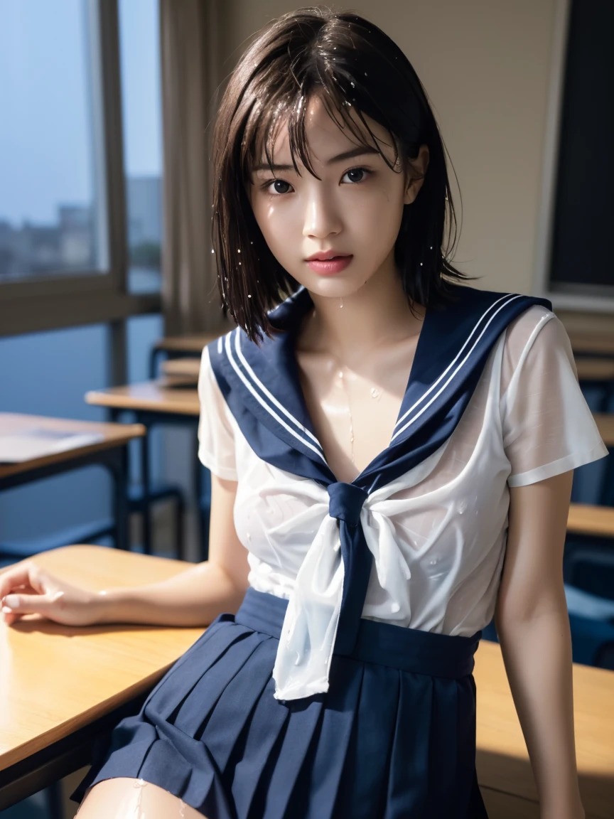 (masterpiece:1.2), Very detailed, Ultra-high resolution, (Realistic, photo Realistic:1.6), High-resolution RAW color photos, Professional photos, Sharp focus:1.2, (Very detailed顔と肌の質感, Very beautiful eyes, Glossのある肌, Glowing Skin, Glowing Skin, Shining Face, Gloss, Oily skin, greasy face, Oily skin, greasy face,),, (real Glossのある肌 texture), Perfect Anatomy, Very detailed背景,(High school classroom at night),(1 female),25-year-old woman, Japanese women,height: 168cm,(short hair, Straight hair, bangs, Brown Hair),((Flat Chest:1.6)),(Slim, thin legs), ((((Short Sleeve White Sailor School Uni形状、Navy blue pleated skirt:1.5、A perfectly detailed bra covered by a sailor suit、T-panties under skirt))),Sit at a desk、Knee Up:1.4、(((Wet and sheer sailor suit:1.4)))