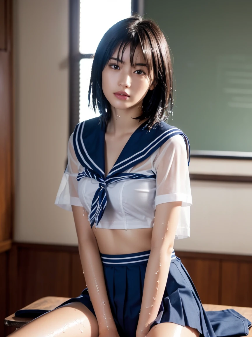 (masterpiece:1.2), Very detailed, Ultra-high resolution, (Realistic, photo Realistic:1.6), High-resolution RAW color photos, Professional photos, Sharp focus:1.2, (Very detailed顔と肌の質感, Very beautiful eyes, Glossのある肌, Glowing Skin, Glowing Skin, Shining Face, Gloss, Oily skin, greasy face, Oily skin, greasy face,),, (real Glossのある肌 texture), Perfect Anatomy, Very detailed背景,(High school classroom at night),(1 female),25-year-old woman, Japanese women,height: 168cm,(short hair, Straight hair, bangs, Brown Hair),((Flat Chest:1.6)),(Slim, thin legs), ((((Short Sleeve White Sailor School Uni形状、Navy blue pleated skirt:1.5、A perfectly detailed bra covered by a sailor suit、T-panties under skirt))),Sit at a desk、Knee Up:1.4、(((Wet and sheer sailor suit:1.4)))