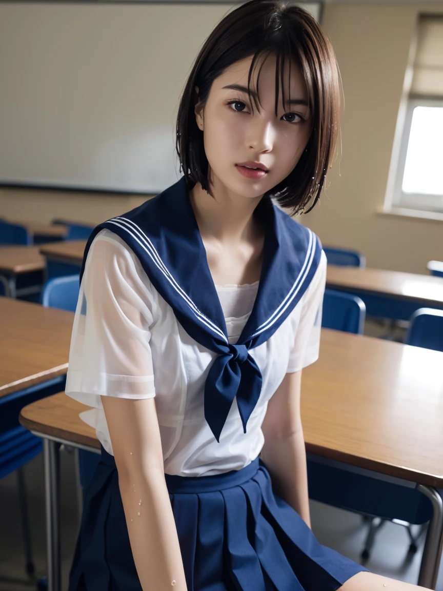 (masterpiece:1.2), Very detailed, Ultra-high resolution, (Realistic, photo Realistic:1.6), High-resolution RAW color photos, Professional photos, Sharp focus:1.2, (Very detailed顔と肌の質感, Very beautiful eyes, Glossのある肌, Glowing Skin, Glowing Skin, Shining Face, Gloss, Oily skin, greasy face, Oily skin, greasy face,),, (real Glossのある肌 texture), Perfect Anatomy, Very detailed背景,(High school classroom at night),（1 female）,25-year-old woman, Japanese women,height: 168cm,(short hair, Straight hair, bangs, Brown Hair),((Flat Chest:1.6)),(Slim, thin legs), ((((Short Sleeve White Sailor School Uni形状、Navy blue pleated skirt:1.5、A perfectly detailed bra covered by a sailor suit、T-panties under skirt))),Sit at a desk、Knee Up:1.4、(((Wet and sheer sailor suit:1.4)))