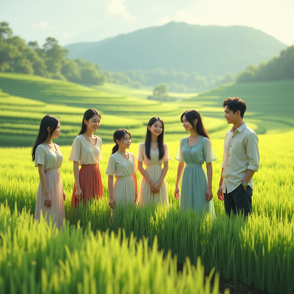 4 young girl and 3 young men, sitting casual, wearing nice garb, rice field is background, octane render, realism picture