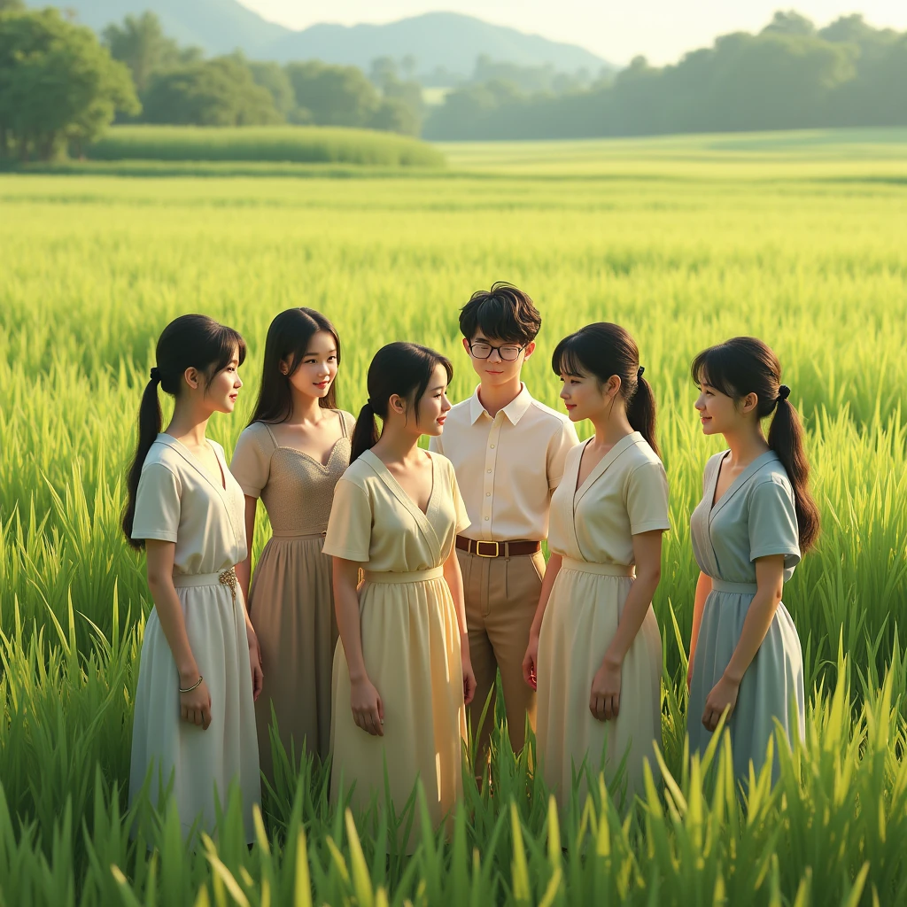 4 young girl and 3 young men, sitting casual, wearing nice garb, rice field is background, octane render, realism picture
