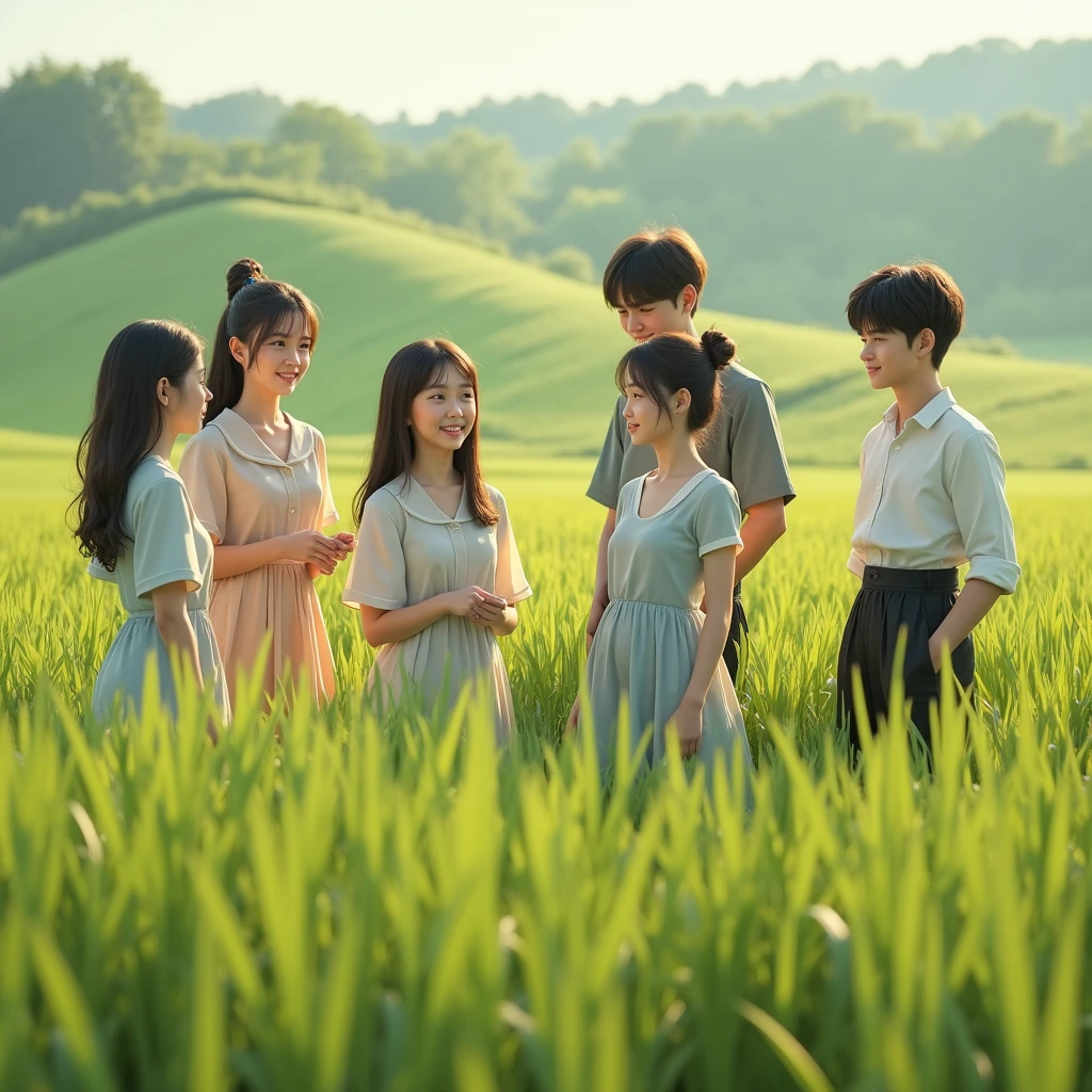 4 young girl and 3 young men, sitting casual, wearing nice garb, rice field is background, octane render, realism picture