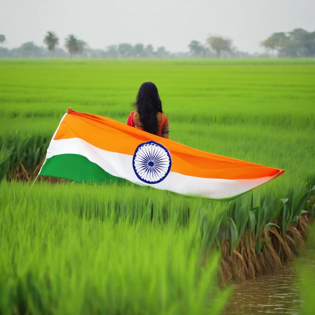 Flag of india, in paddy field a girls fly in fky of flag,