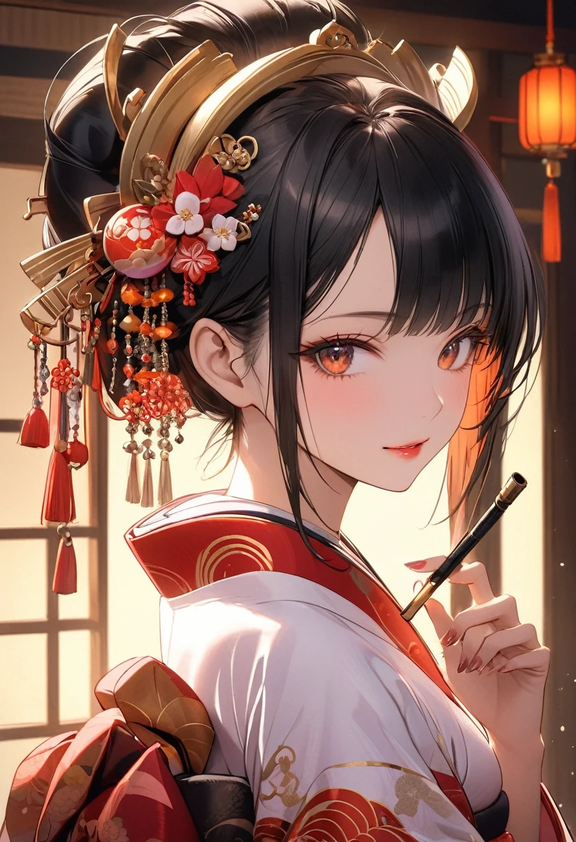 oiran,jet black hair,(Bewitching Woman),(hand holding smoking pipe in her hand:1.1),upper body,(Alluring expression),(in Japanese palace room,darkness night,dramatic lighting),from side
