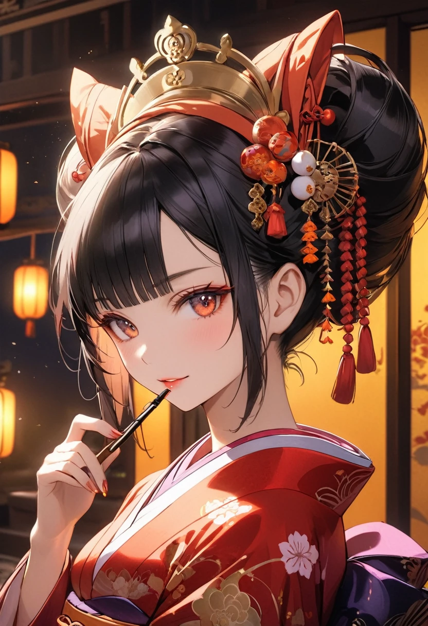 oiran,jet black hair,(Bewitching Woman),(hand holding smoking pipe in her hand:1.1),upper body,(Alluring expression),(in Japanese palace room,darkness night,dramatic lighting),from side