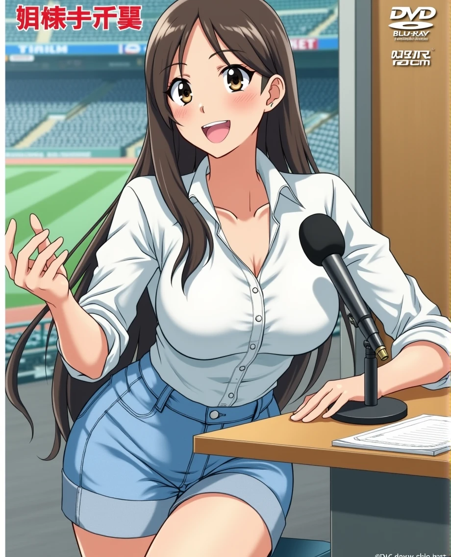 Woman sitting at a desk in front of a microphone, Instagram, Shinhanga, baseball stadium during a game, bright atmosphere, Tokyo Dome, covered!!, official media, Akira Toriyama, lightning!! (((photo, photorealism))), adult video poster layout, text on screen: "female announcer Shocking AV debut!!", big breasted female porn actor, dynamic pose, happy expression, pure beautiful smile, intelligent face, slender curves, large breasts, (((DVD mark, Blu-ray mark))).