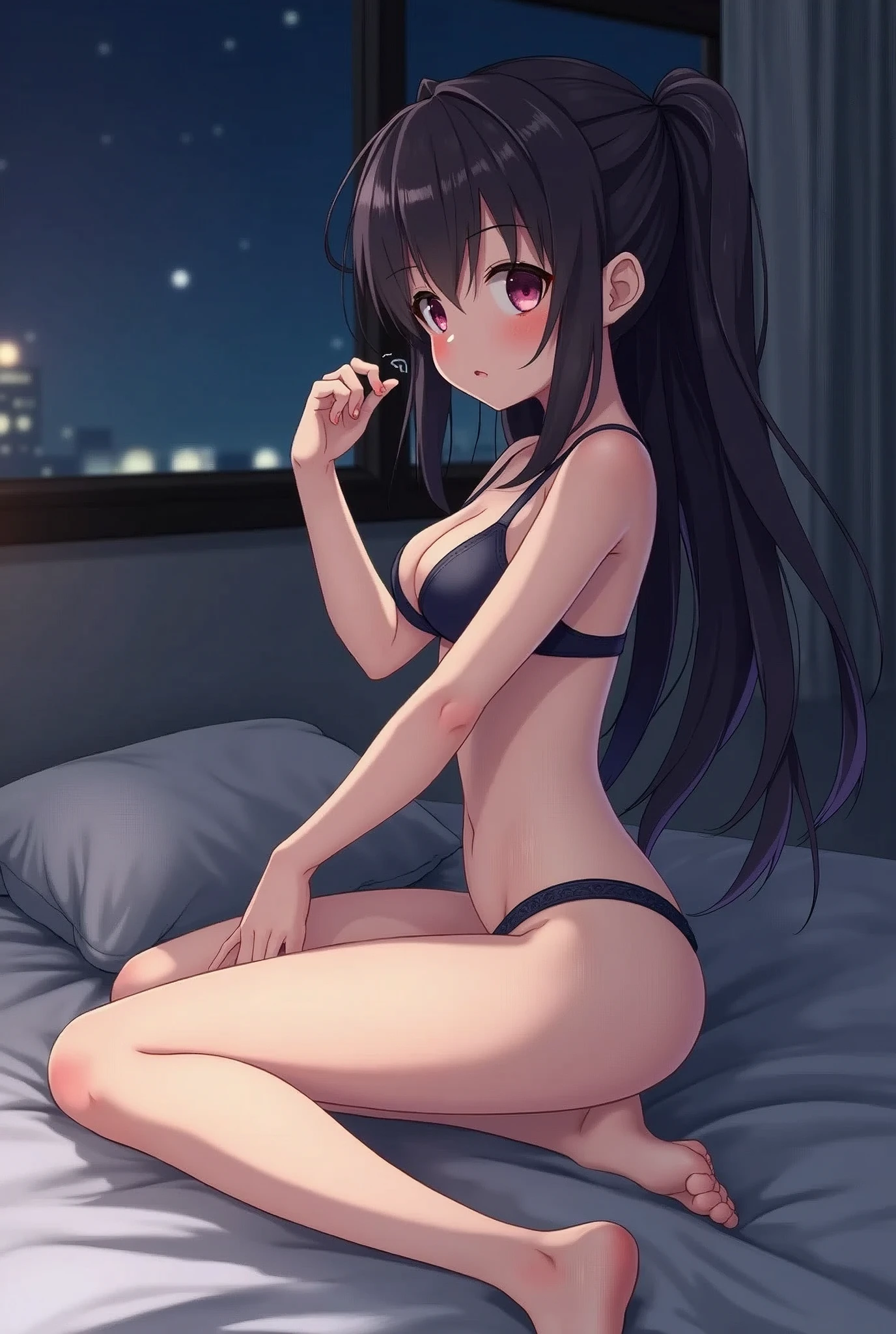 Anime girl showing pussy with legs open without panties sitting on her bed at night spreading her legs 