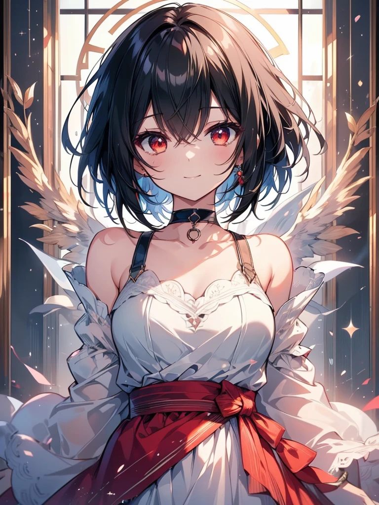 (masterpiece, highest quality, highest quality, (No text), Beautiful and aesthetic:1.2),No text,アニメ、BREAK,One Girl,Black Hair Girl short hair boyish choker Beautiful eyes Red eyes cool smile Black and Red whole body foot In town