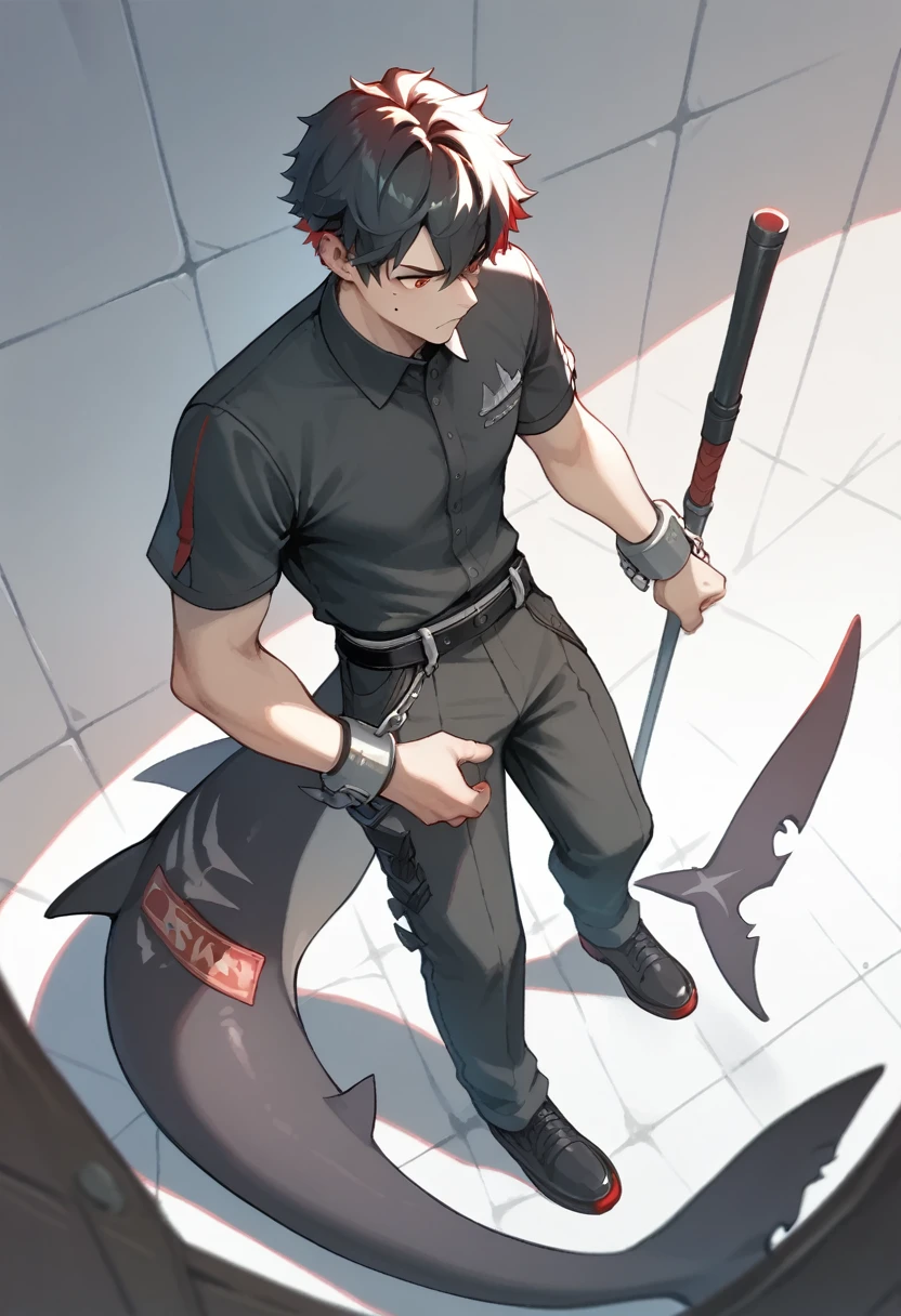 1 Boy,wrist_shackles,fluffy_short_sleeve,mole_under_Eye,Black_Suit,shark_Tail,Black and Red_hair