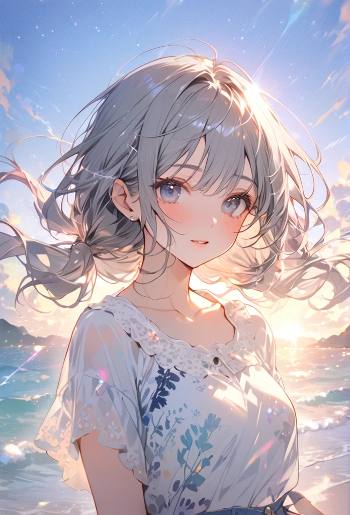 Highest quality masterpiece High resolution Masterpiece Gray Eyes Low twin tails、casual summer outfit 、flowerpunk、Sparkling light particles、Vivid gradient effect
