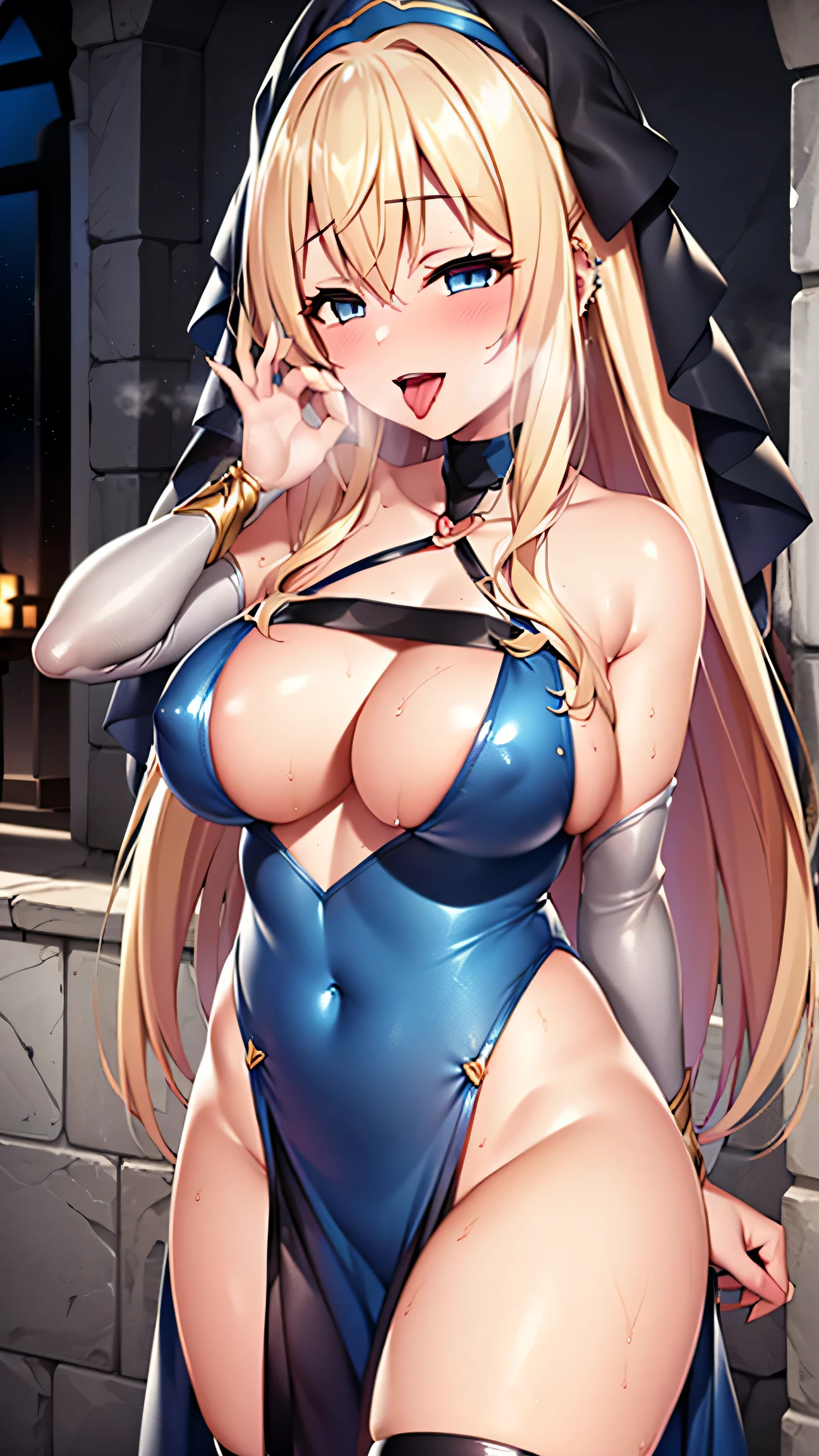 ((masterpiece、best quality、Very detailed)、((A girl))、((blond、Very long hair))、Pink Eyes、Smile，（（Dark Skin））、（（nun，Succubus））、((There are many piercings))、((Large ))、Cowboy shooting、Shooting from above，((best quality)), ((masterpiece)), (detailed), (character focus、Breast whole body), Anime 2D Rendering, Realistic young anime women, Five fingers, Perfect face, Beautiful details, Beautiful Body, Beautiful breasts, Beauhighs, (Huge breasts)、Beautiful Fkin burns), baby face、 Short skirt，巨Large Breasts，Wedding dress、A girhe turned her face and body toward the audience，Beautiful face and charming shyness，eternal，Hair covering eyes，（Large Breasts），Shy，Exceed，Thick Legs，Fasg three-dimensional,Fascinating three-dimensional，Fascinating three-dimensional，Magical girl，Bright Black，（（前发Hair covering eyes）），night