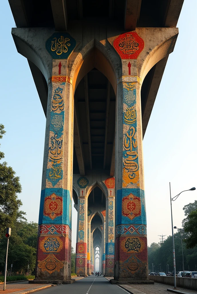 row of flyover pillars with painted by Bangla and Arabic