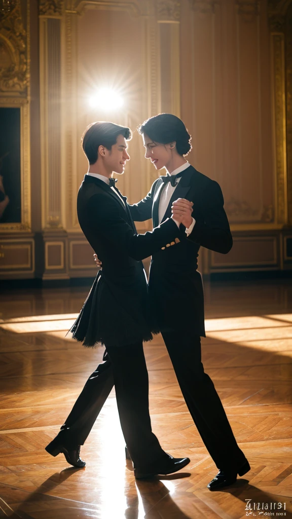 Two gay princes dancing waltz in an empty ballroom