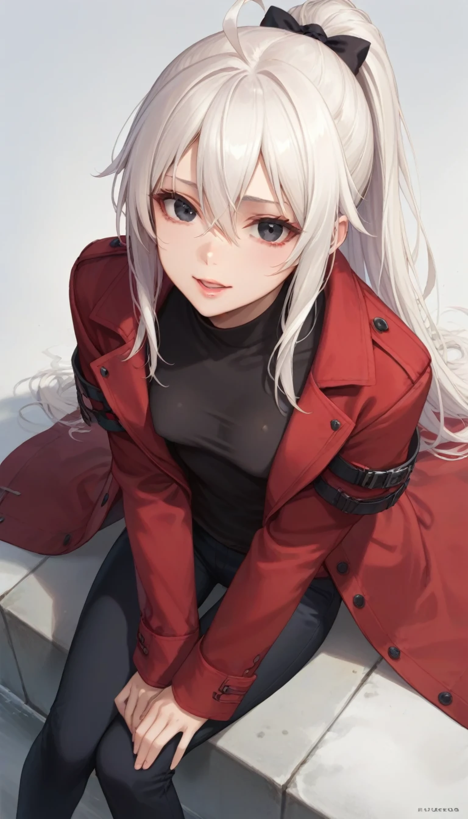 score_9, score_8_up, score_7_up, masterpiece, absurdres, 1girl, white background, black eyes, white hair, long hair, ponytail, (((long straight hair))), ahoge, long hair, small breasts, expressive eyes, hair between eyes, clothed, sitting, adult, pale faced, smile, sad, ((glossy lips)), black pants, black long sleeve shirt, red coat, head tilt, glossy skin, open mouth, view from above,