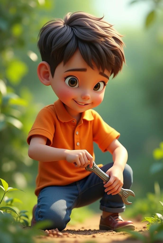 A boy of about wearing an orange polo shirt, holding a wrench in one hand, is sitting on his knees facing left. 3D image. Background green