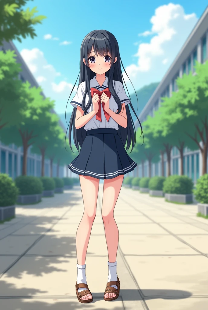 Standing in an empty schoolyard、Summer clothes、Anime Style、Long black hair、mini skirt、Cute Face、Smiling、Full body portrait