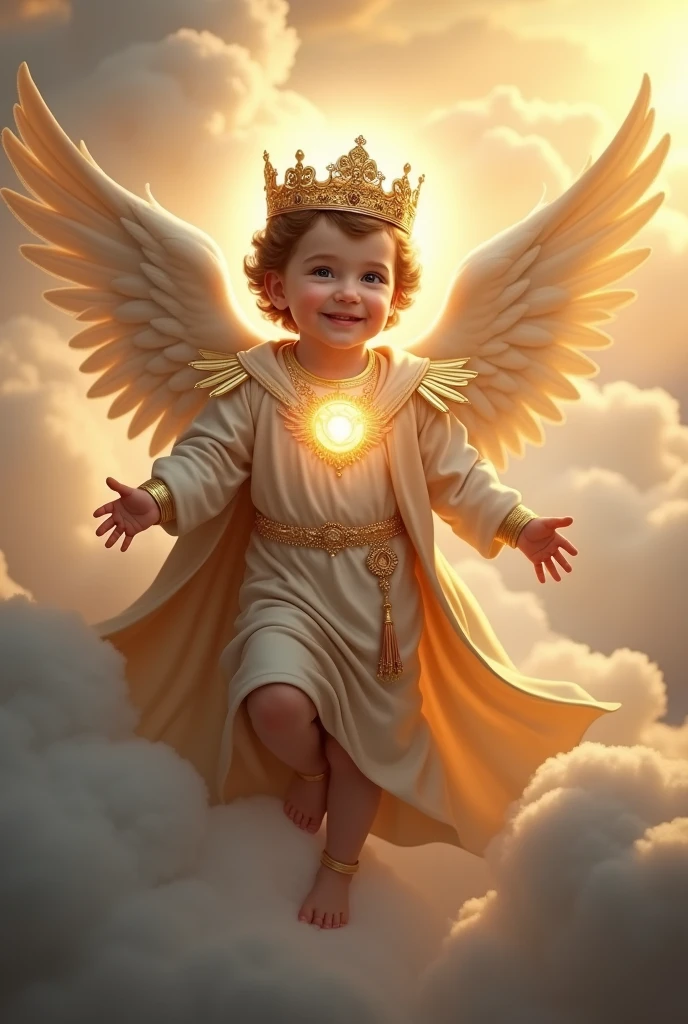 (photorealism:1.2), handsome Jesus, bigger wings of babyus, wearing the gold color of prince clothes and crown with light in his head and heart spreading all over in the clouds, perfect baby Jesreal baby Jesus, ect five hands, perfect five finger foot,perfect smiling face, elegant, soft lighting, many clouds, stand straight, realistic, intricate details, warm colors, by Earl Cornelio Necor