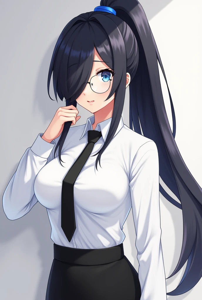 (High quality, 8ก, 4K, high contrast, Masterpiece:1.2, 最High quality, The best aesthetics ), beauty, very detailed, Sexy and erotic girls, (large breasts, long black hair , High ponytail , I have a frown on my face covering one eye. , Blue hair tie , blue eyes ) , Girl 1 , white shirt , black skirt , Black tie , Wear round glasses , Height 166 , Gentle face